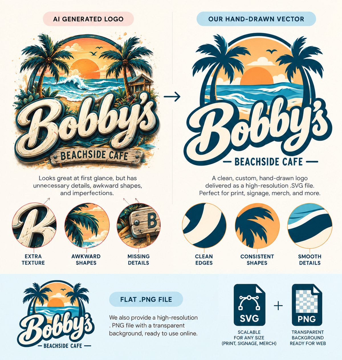 Side-by-side comparison: a detailed, flat AI-generated PNG logo for Bobby's Beachside Cafe next to the same logo rebuilt by hand as a clean, scalable vector.